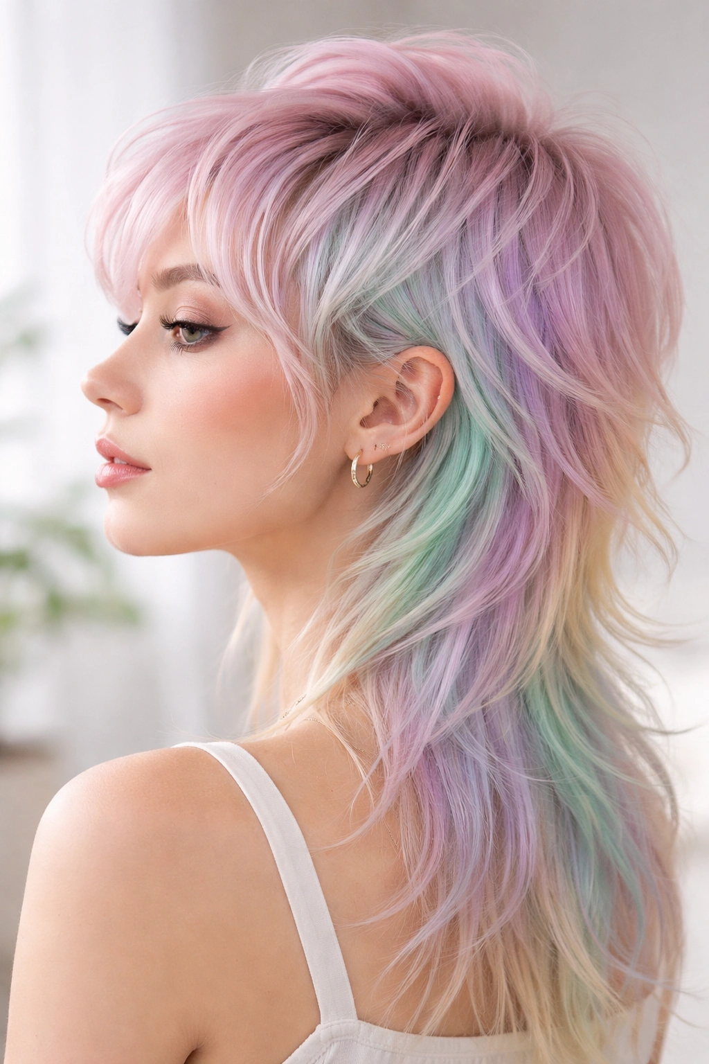 Pastel rainbow mullet with soft blended hues on back