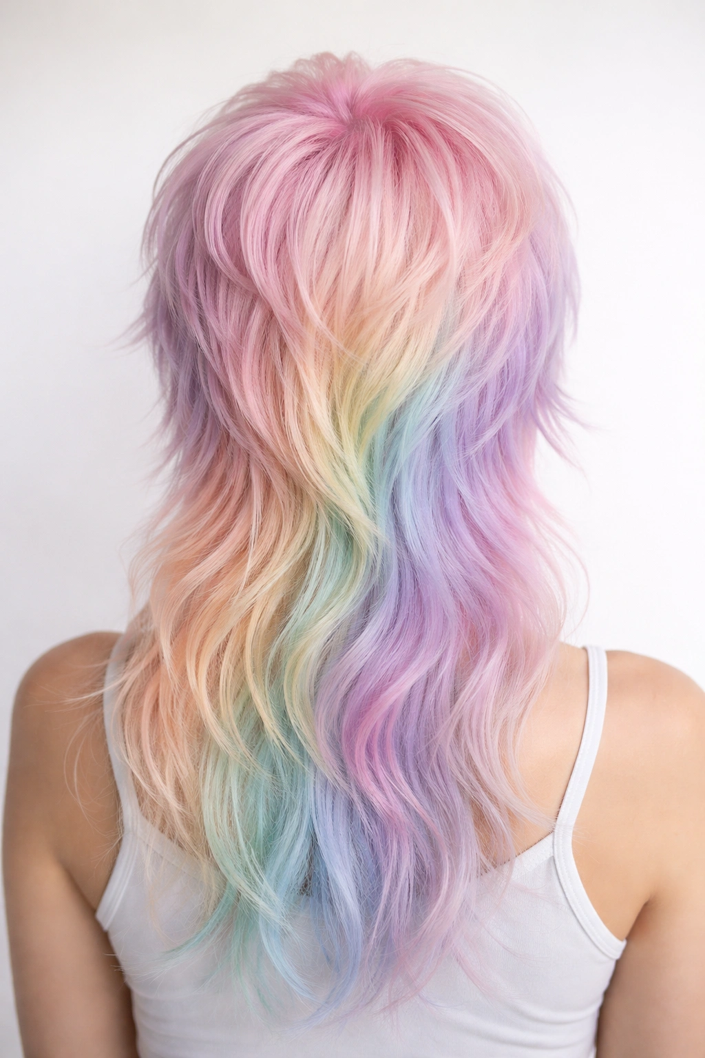 12 Dyed Mullet Haircuts Full Of Personality 9 Back view of mullet with pastel rainbow cascade colors