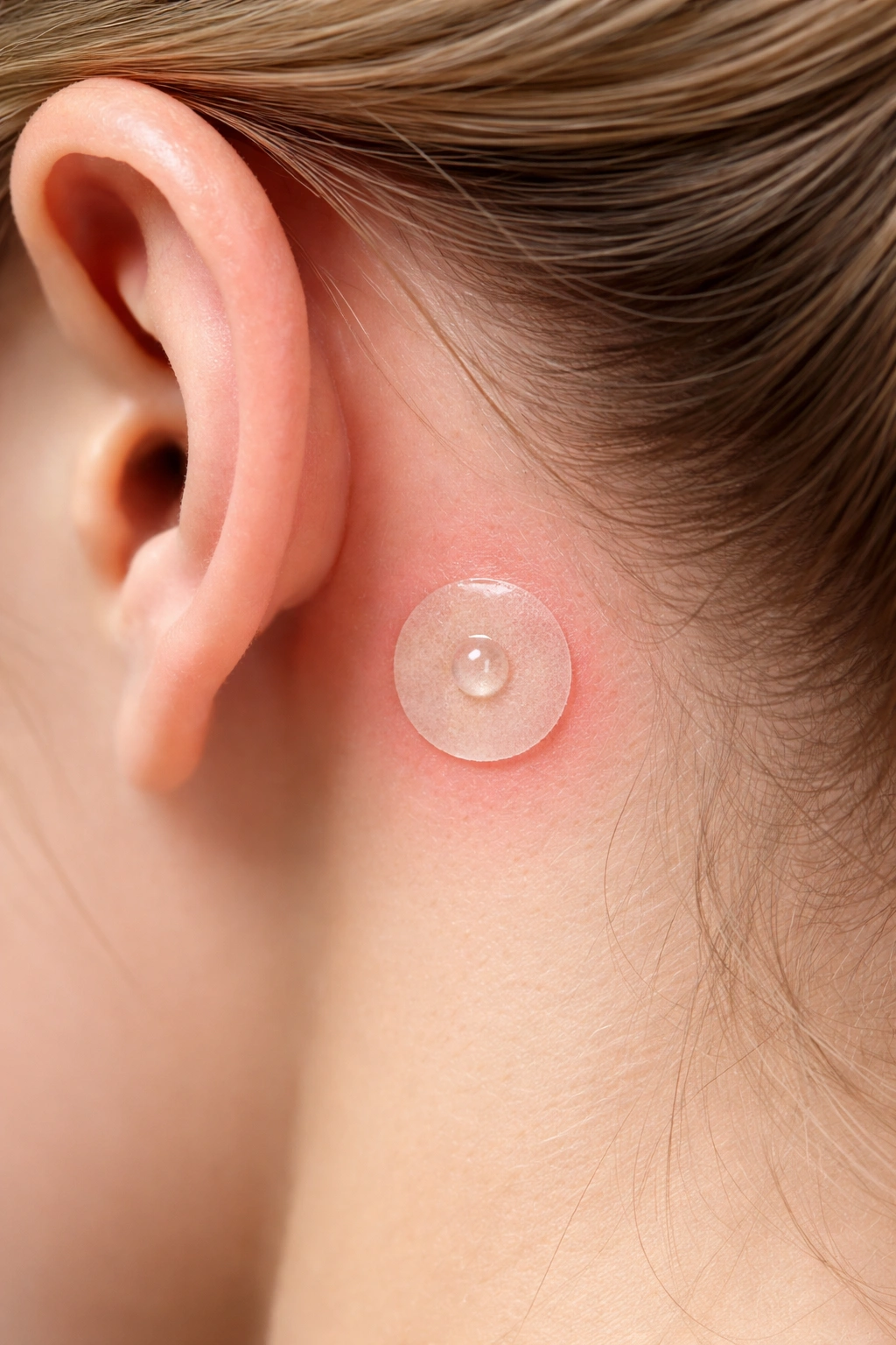 Close-up of skin behind the ear showing a small circular patch test patch