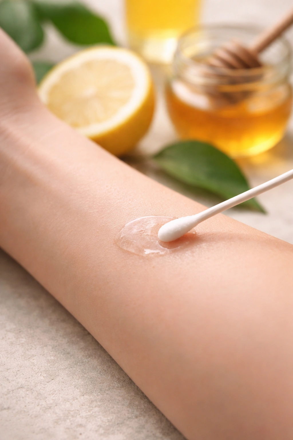 Forearm skin patch test with product dab under soft light