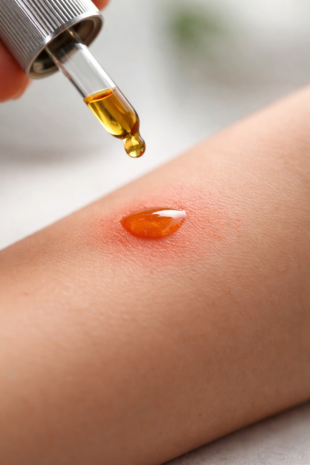Forearm patch test with a small dab of oil showing mild redness