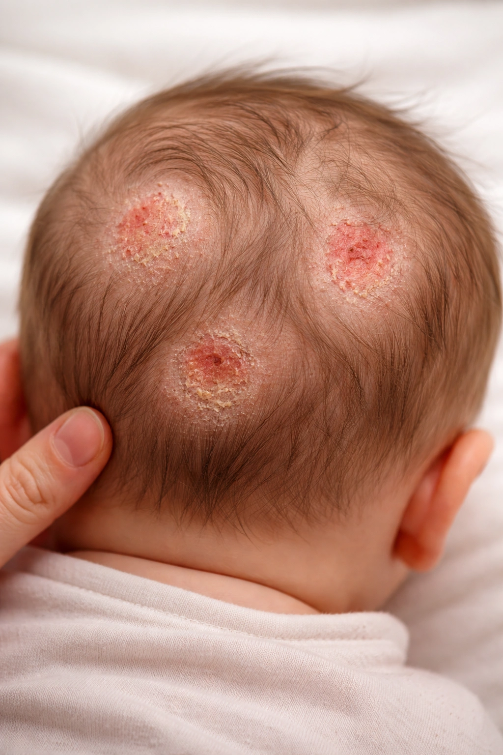 Close-up of a baby's scalp with patchy bald spots and mild redness