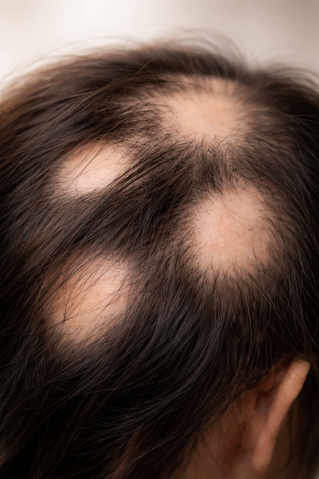 Scalp with patchy bald spots and remaining hair