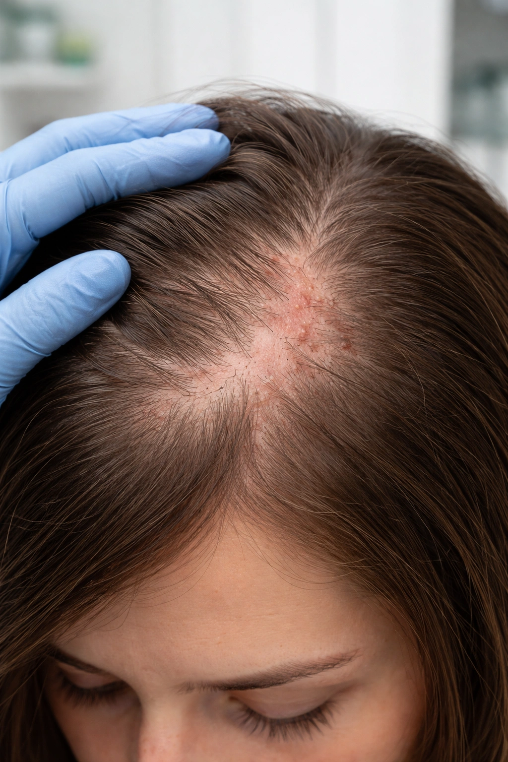 Close-up scalp showing patchy thinning and irritation