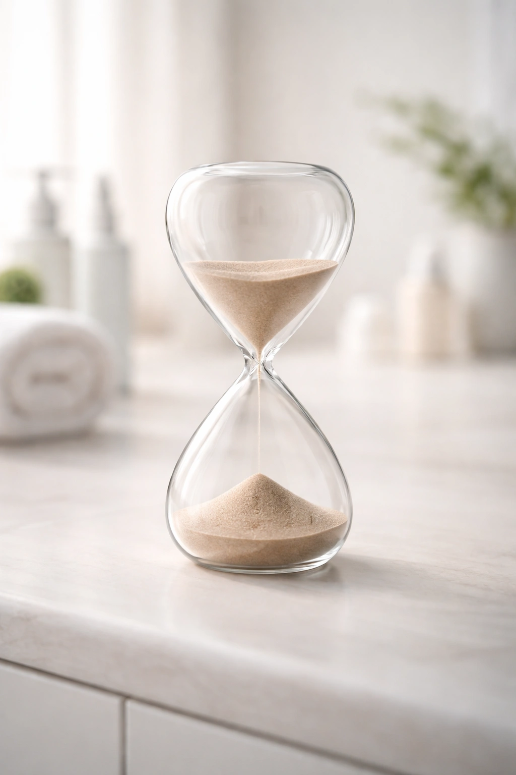Minimalist hourglass with flowing sand on a neutral surface