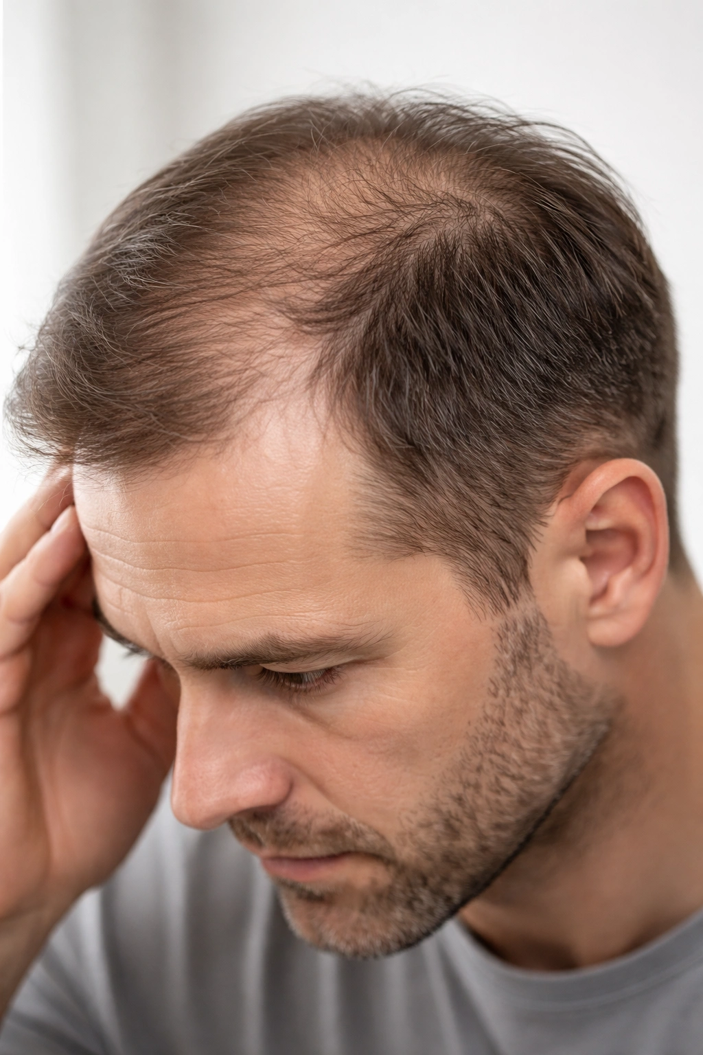 Male scalp with receding hairline and crown thinning