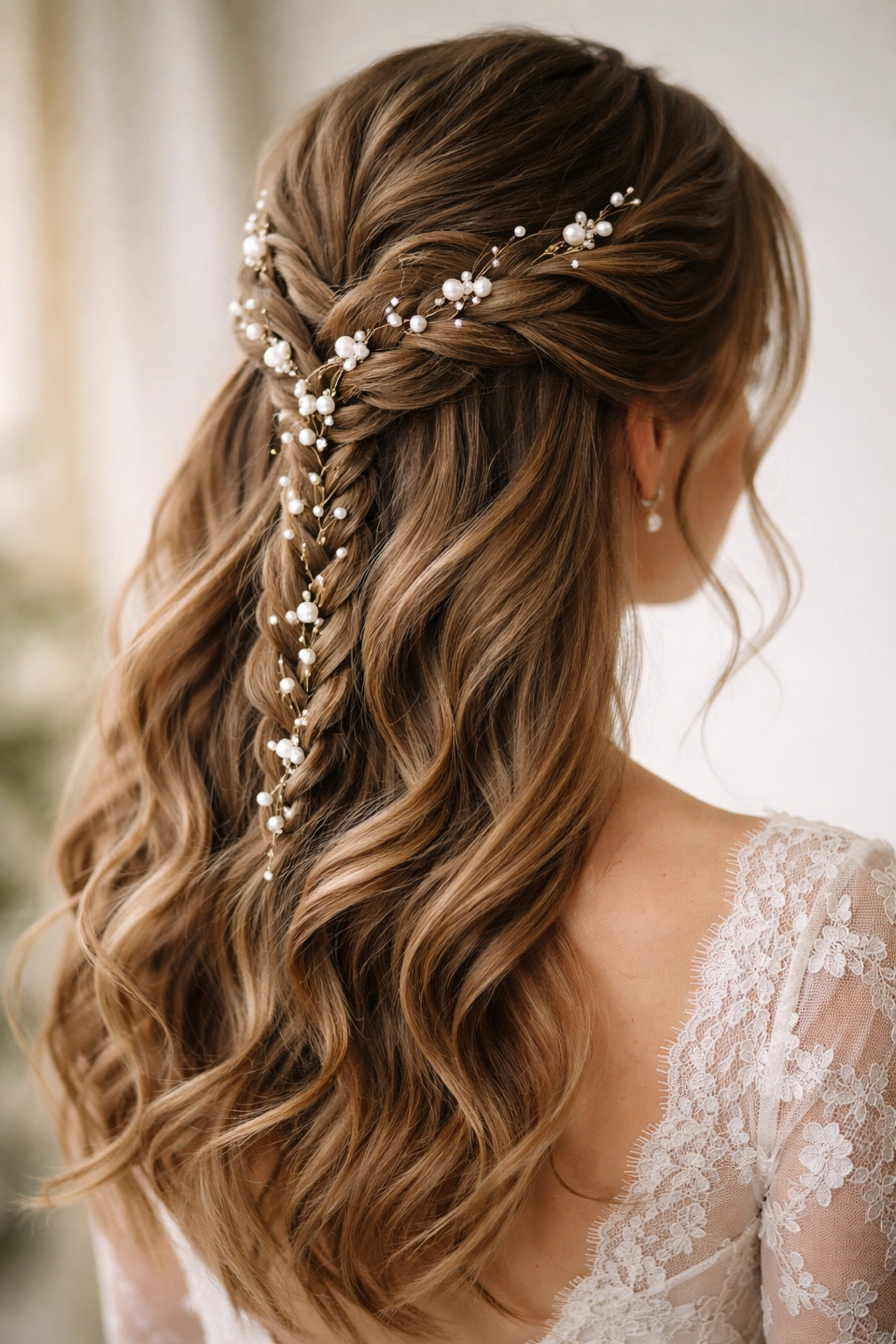 Pearl-embellished half-up bridal braid with delicate beads
