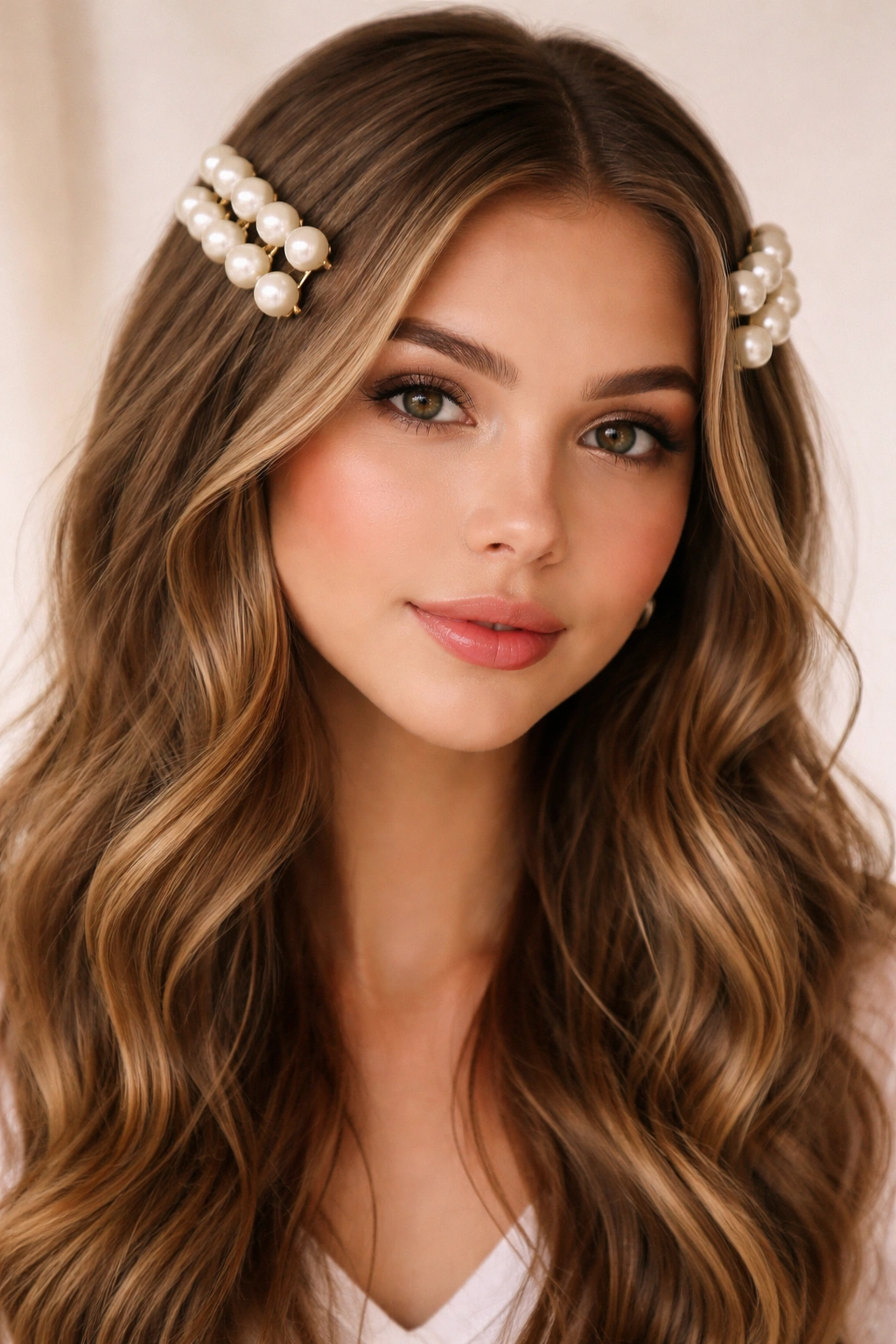 Close-up of hair with oversized pearl clips near temples.