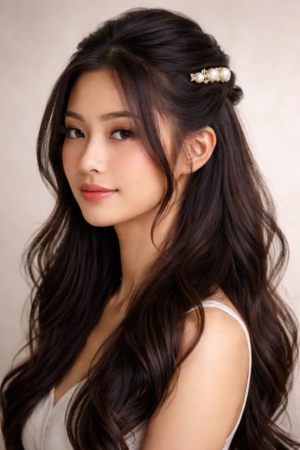 Half-up hairstyle with decorative pearl clips securing the crown
