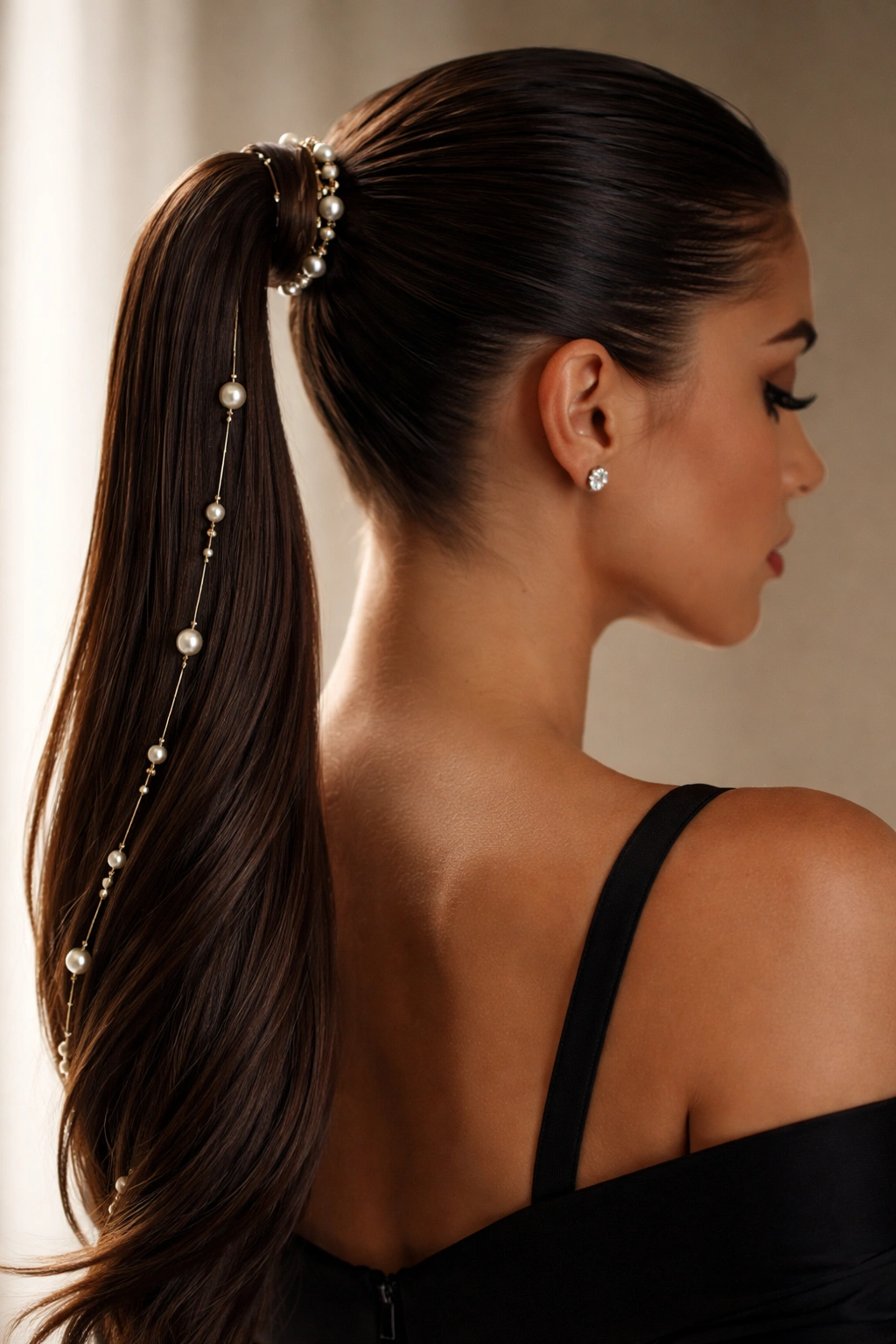25 Slick Back Ponytail Styles for a Chic, Polished Look 20 Slicked ponytail featuring pearl and metallic hair accessories.