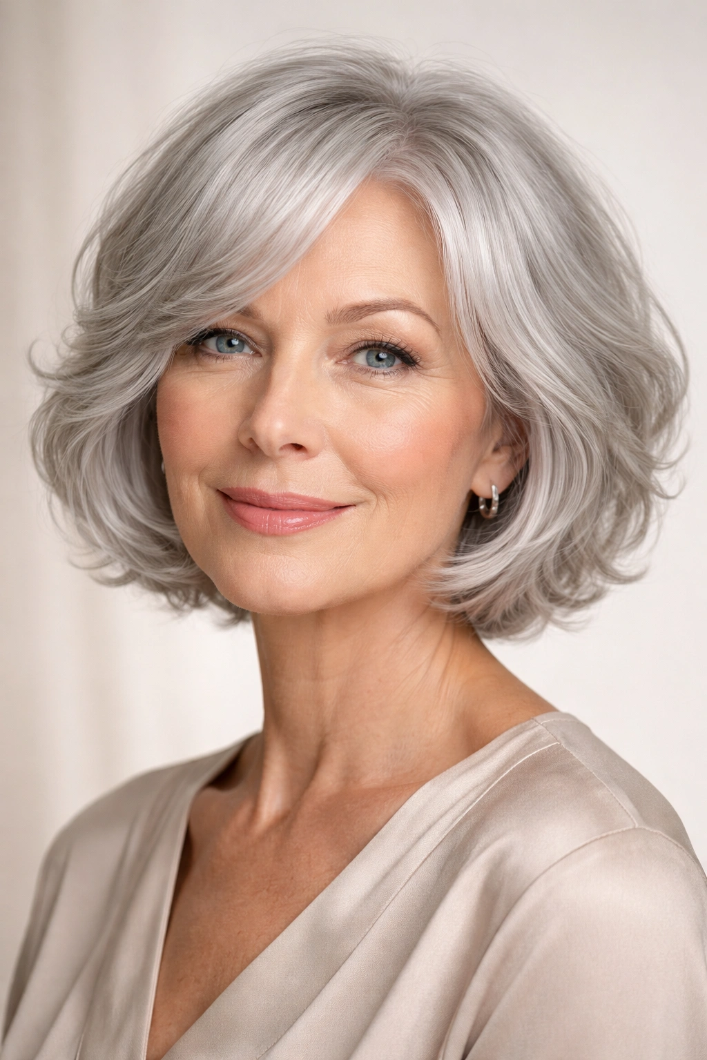 Chin-length pearl gray hairstyle on a mature woman in studio lighting