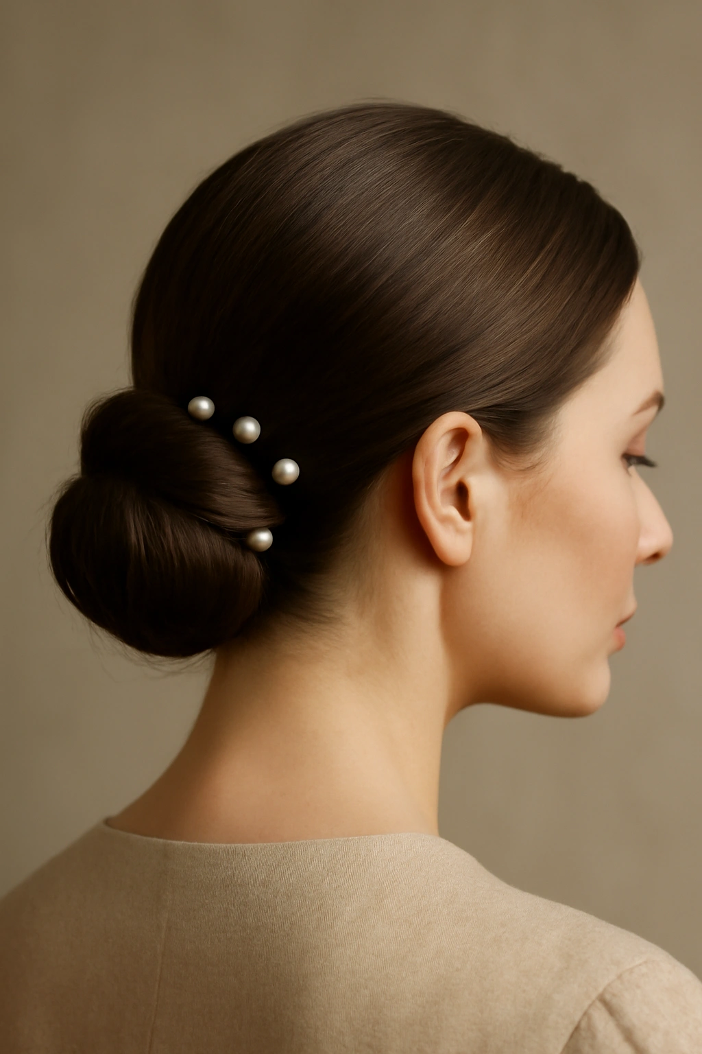 10 Elegant Updos for Weddings and Formal Events 5 Sleek chignon at the nape with pearl pins visible