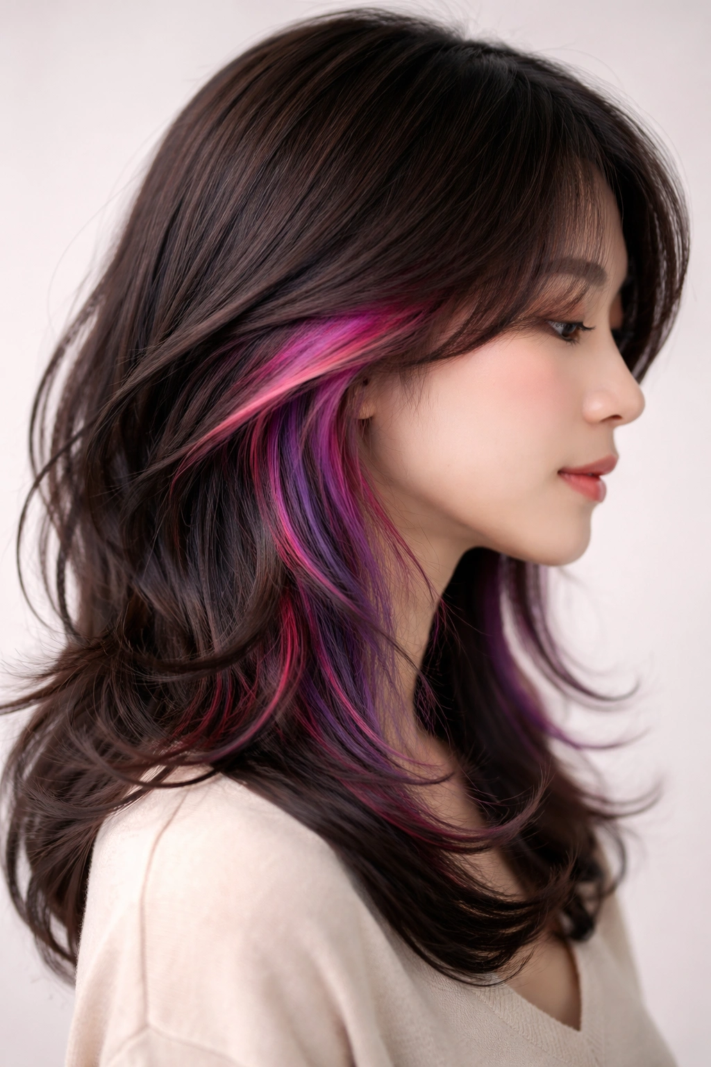 Layered hair with hidden color peeking through underlayers