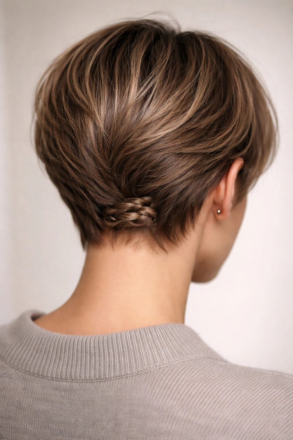 Rear view close-up of a short haircut showing a hidden nape braid tucked under hair