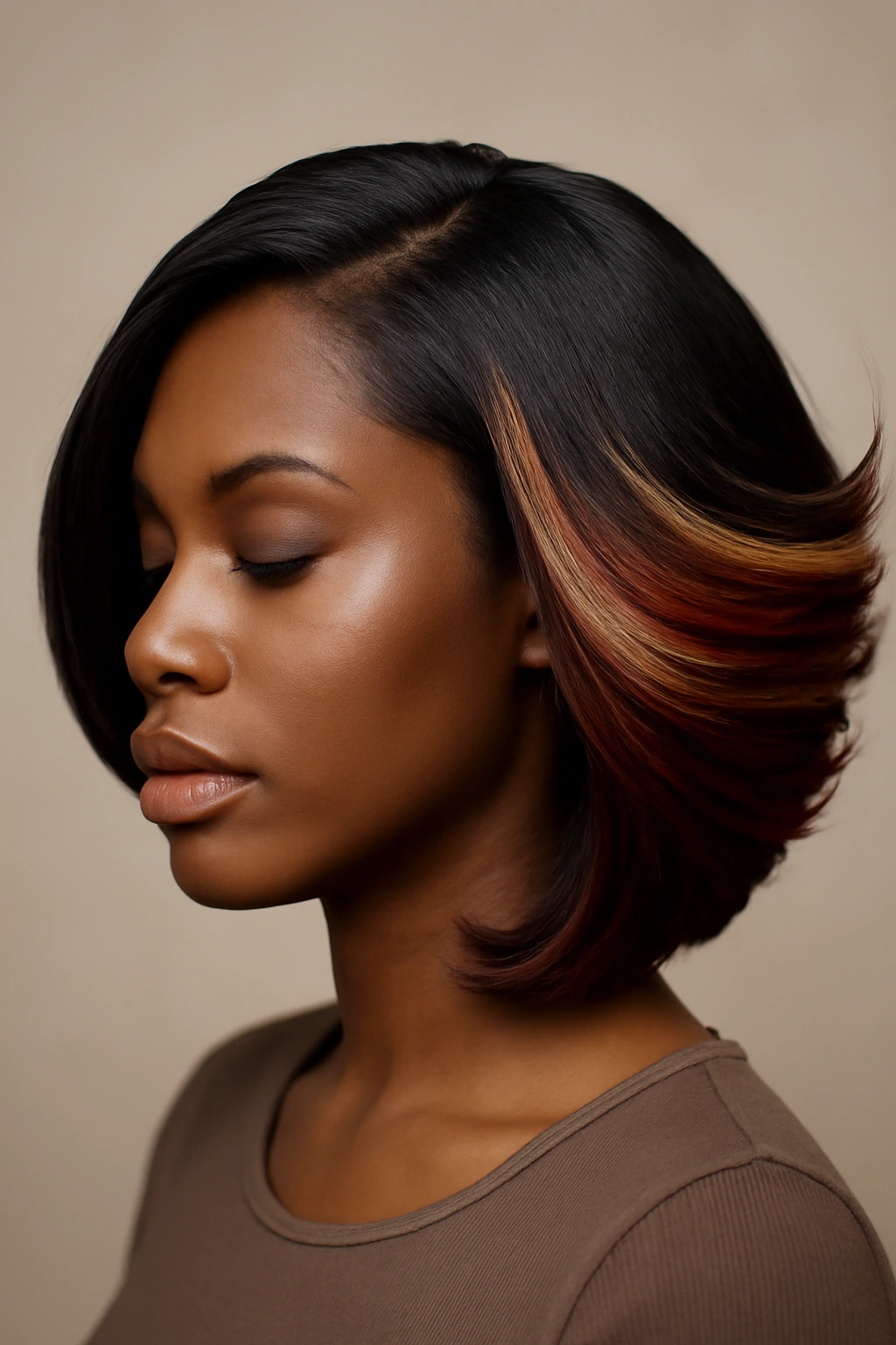 10 Flip Hairstyles Black Women Always Look Great In 7 Close-up of a hairstyle showing hidden color beneath the top layer, with blonde and burgundy peeking as the flip moves