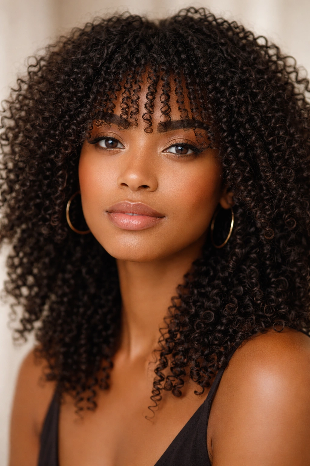 12 Curly Bang Haircuts For Every Type Of Curl 4 Ultra-tight curls with pencil-thin fringe highlighting curl texture