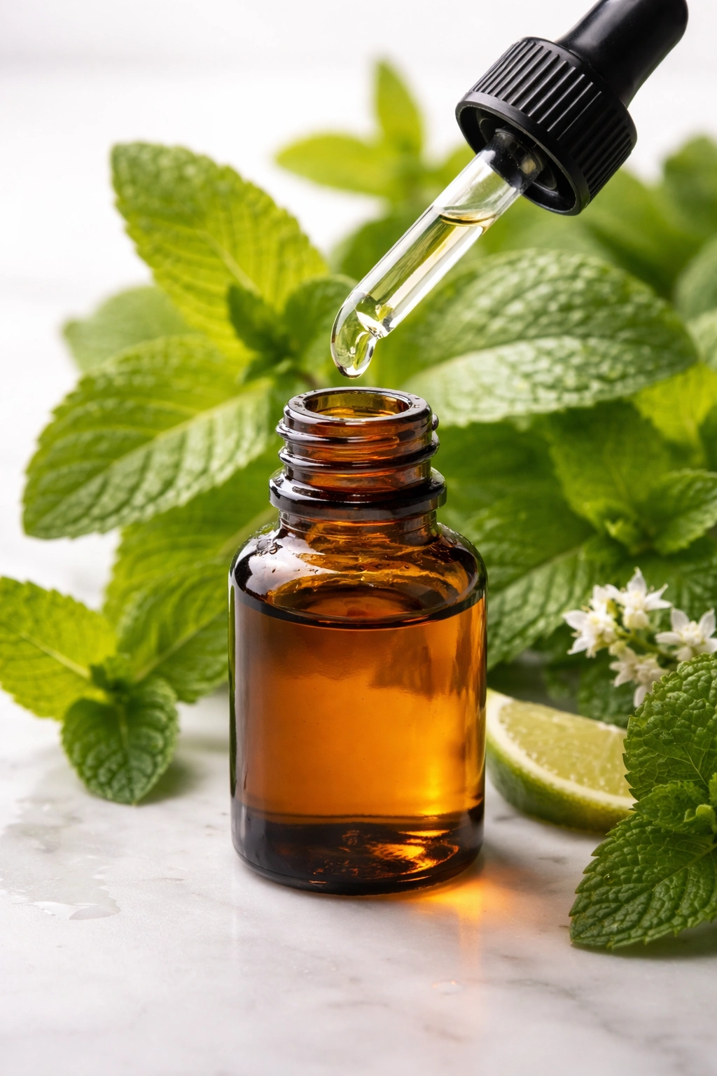 Close-up of a label-free amber peppermint oil bottle with dropper
