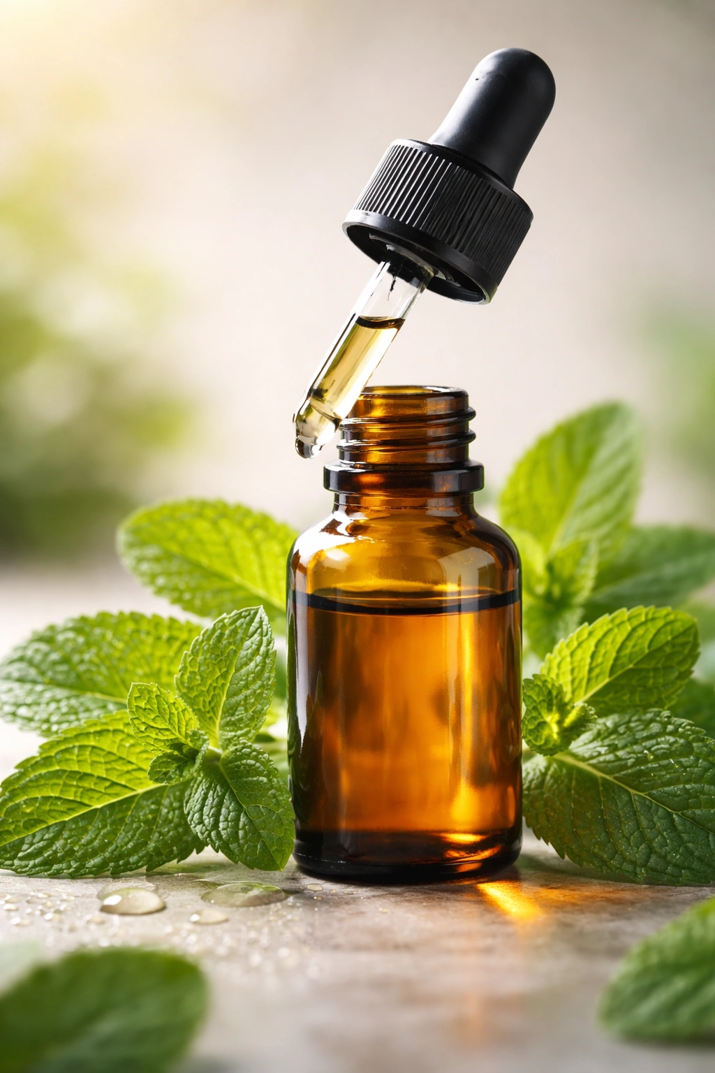 Peppermint oil bottle with dropper on neutral studio background for hair care use