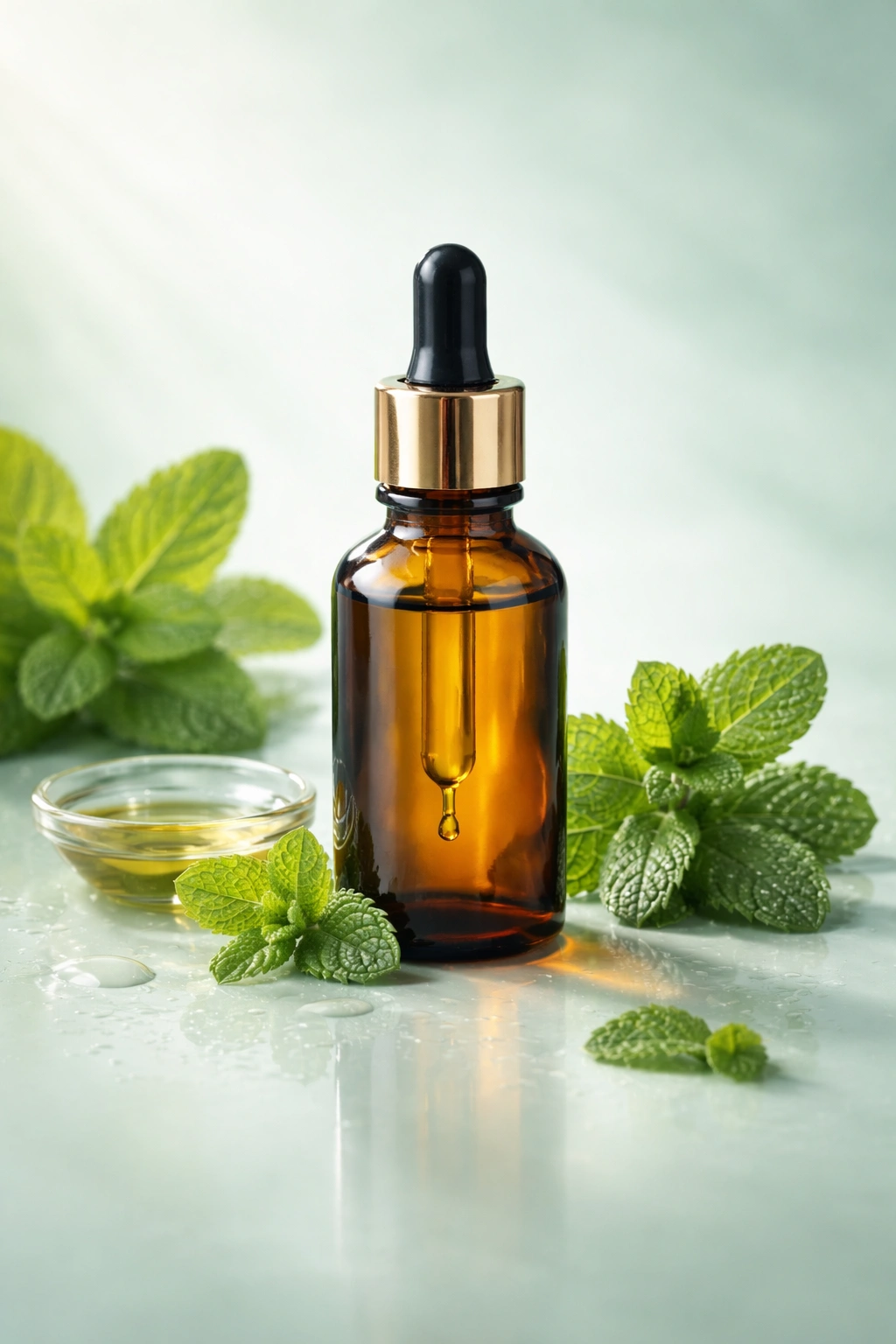 Amber peppermint oil bottle on mint-green background