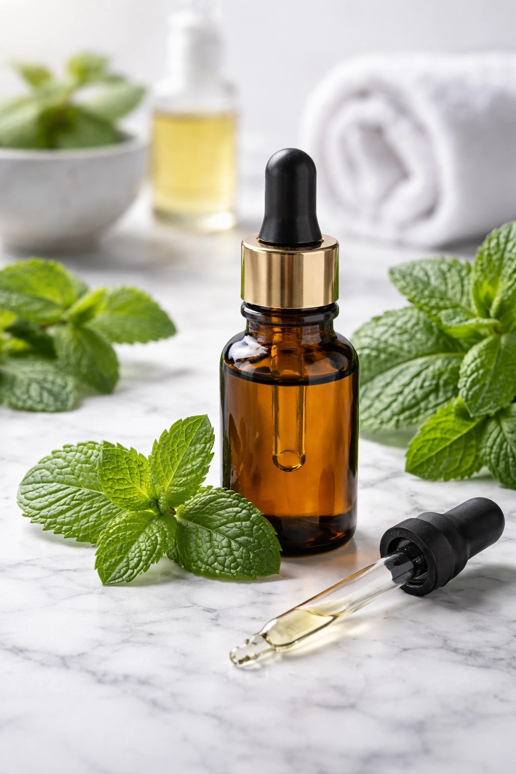 Peppermint oil bottle on a neutral clinical background
