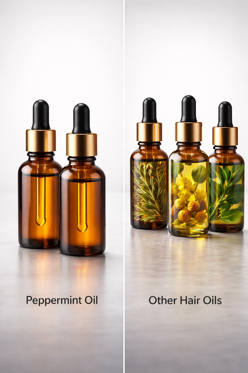 Two unlabeled amber peppermint oil bottles on a reflective surface