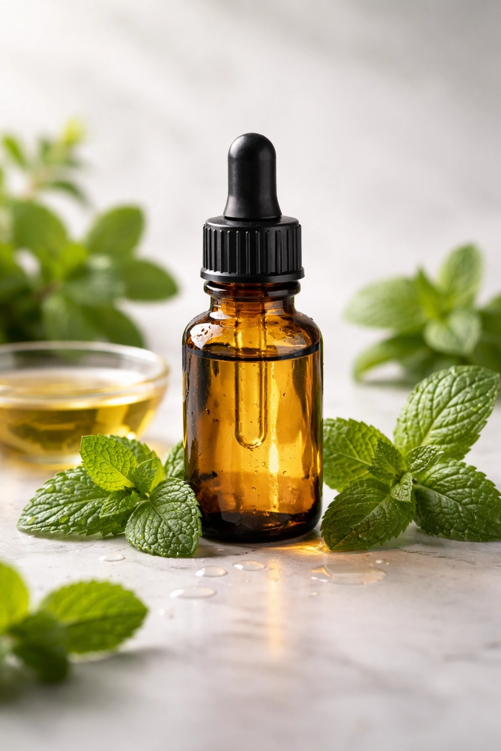 Peppermint oil bottle focused on safety context for skin eyes and ingestion risks