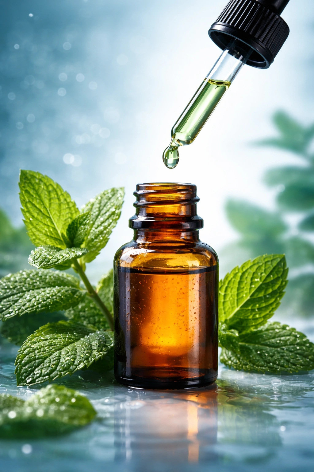 Peppermint oil bottle on a cool blue background