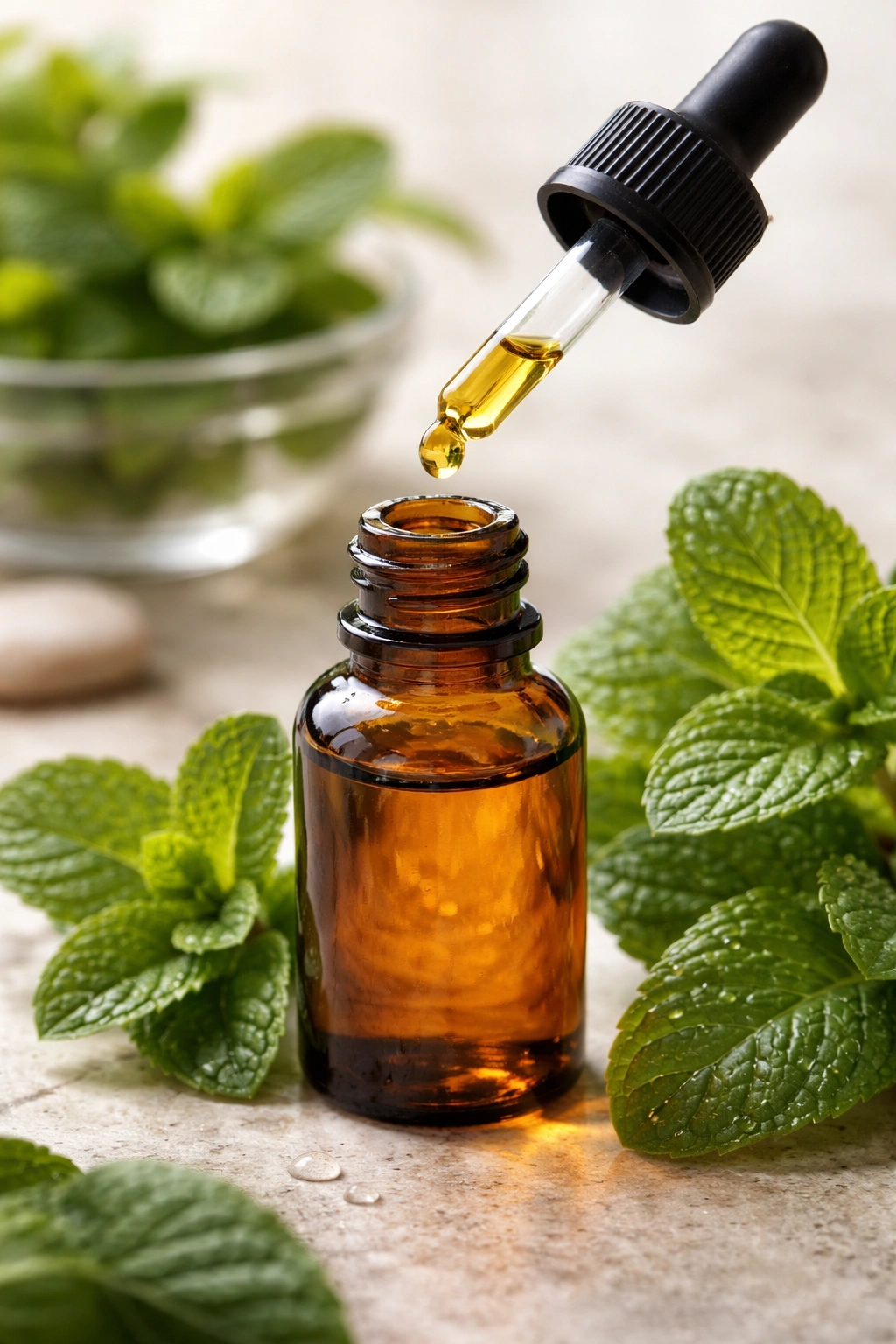 Peppermint oil bottle on neutral background for wrapping up hair care benefits