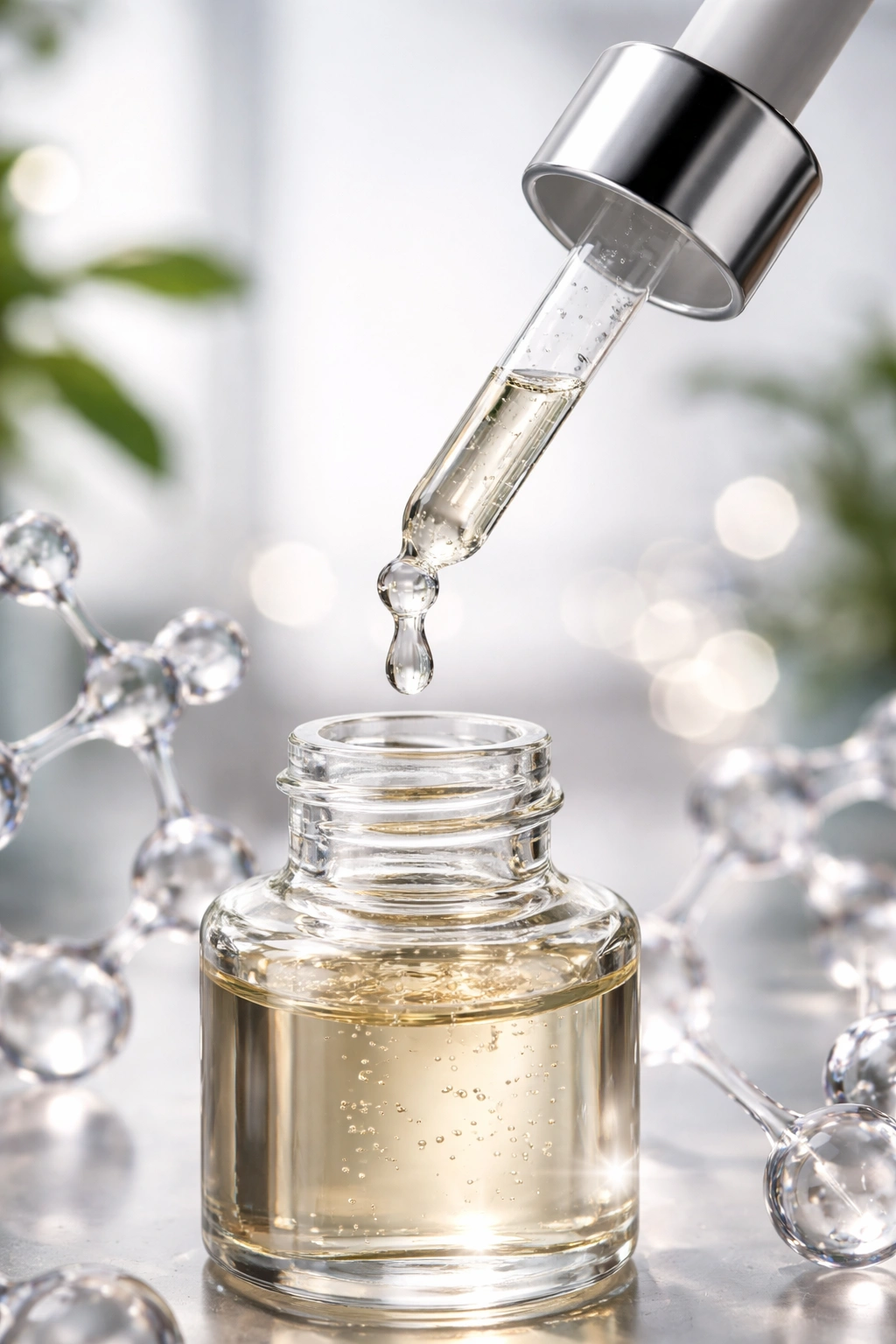 Serum bottle with droplet representing peptide-based hair serum