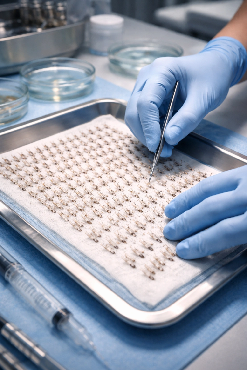 Sterile tray of arranged hair graft units with gloved hands in a clinical setting.