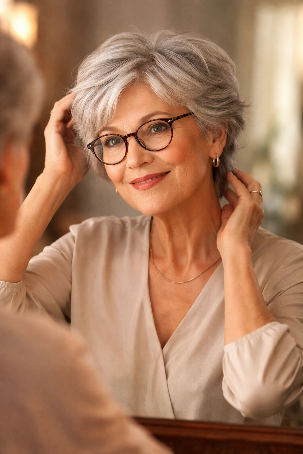 Confident senior woman adjusting her hair in a mirror.