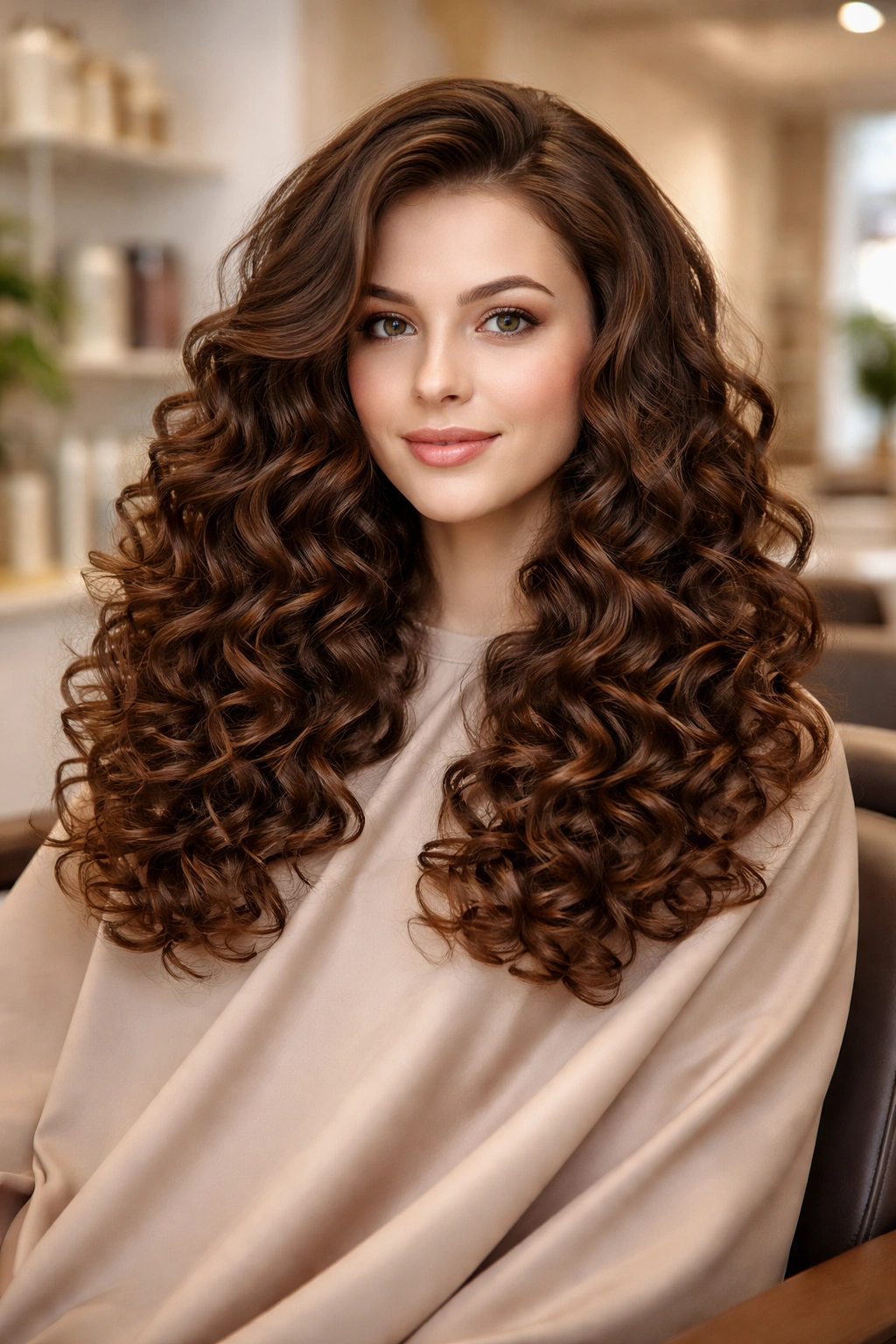 Head of hair with defined curls in a salon chair