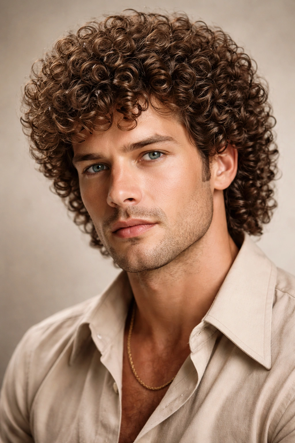Close-up of a man with tight, voluminous curls from a perm.