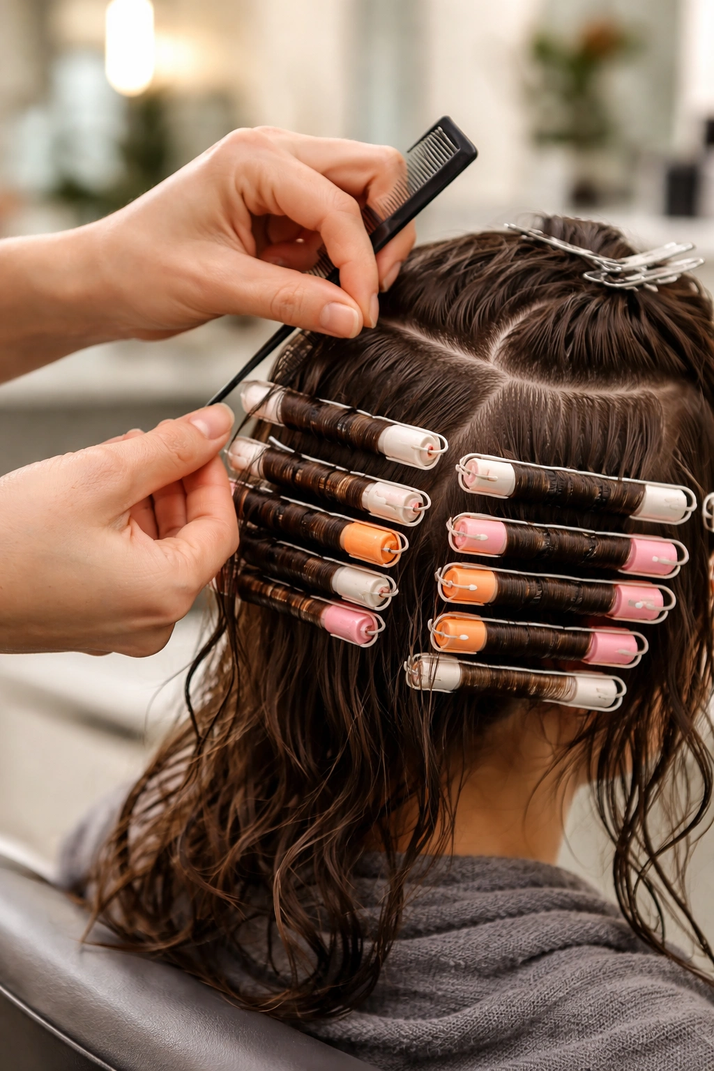 Close-up of hair wrapped around curling rods during a perm in a salon