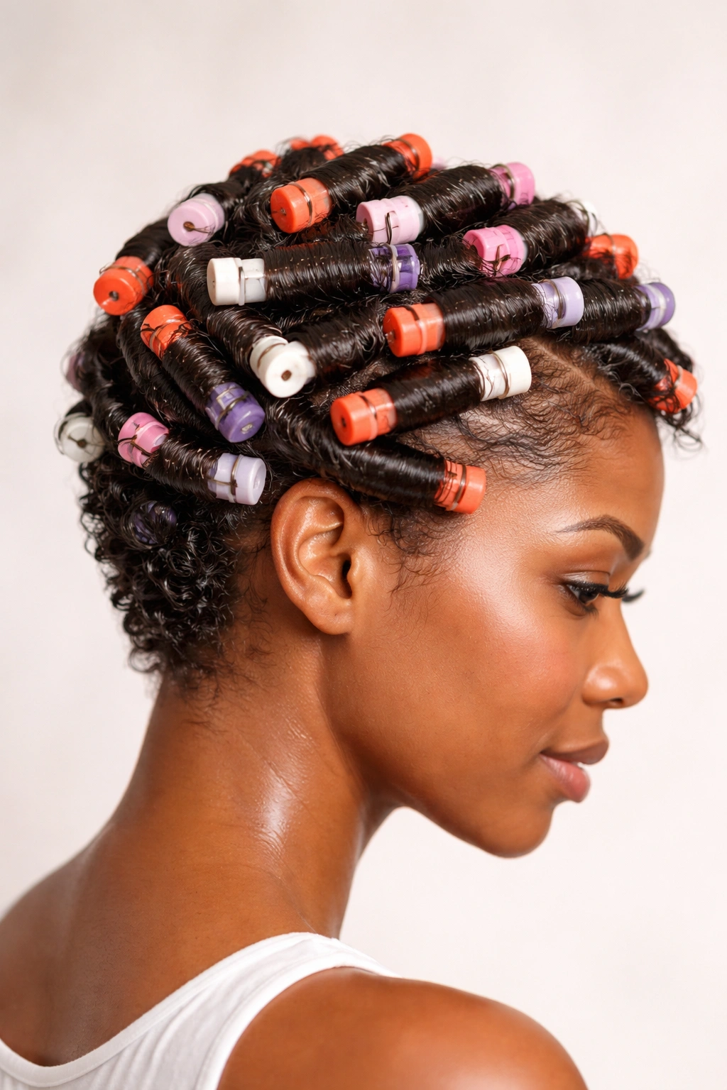 Head with damp hair wrapped around perm rods in varying sizes for a perm rod set