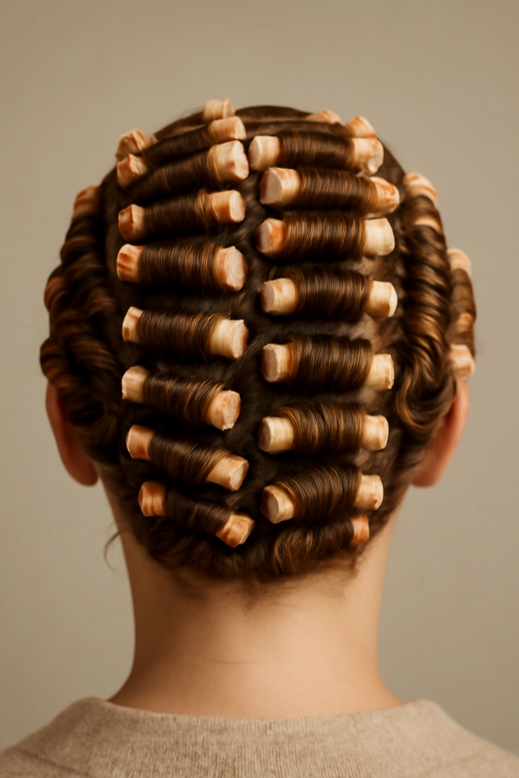 15 Heatless Wavy Hairstyles Anyone Can Pull Off 9 Top view of head with small perm rods forming vintage curls