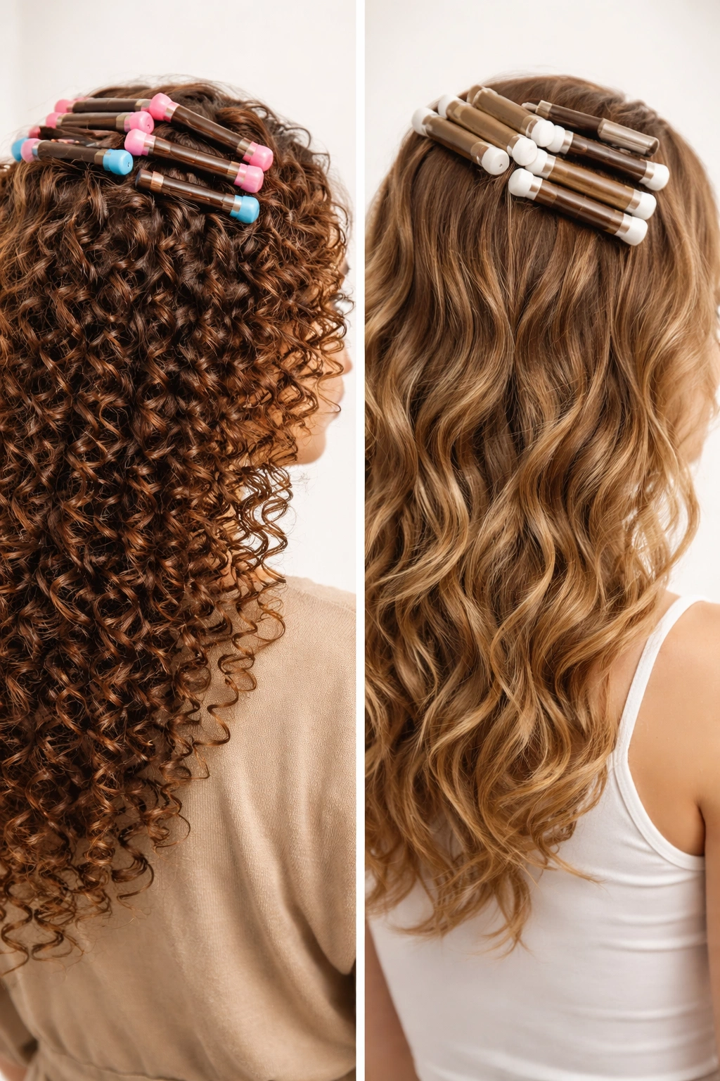 Close-up of two different curl textures created by perm rods