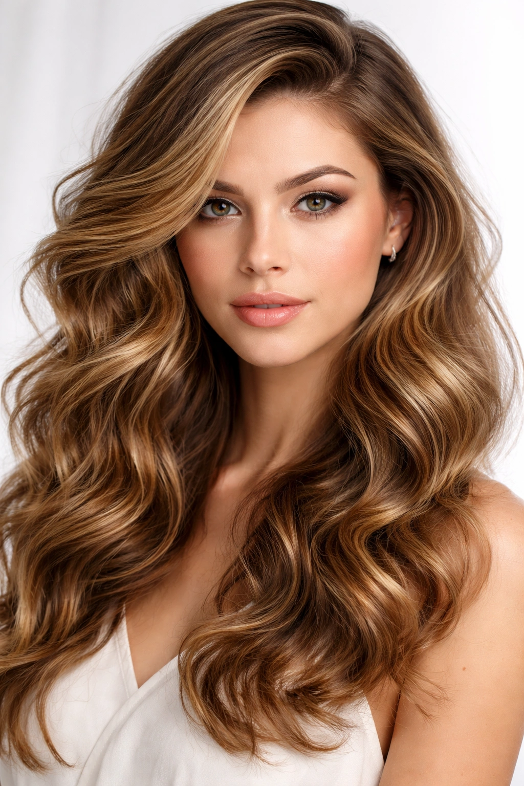 Side-parted hair with voluminous perm waves and asymmetric placement.