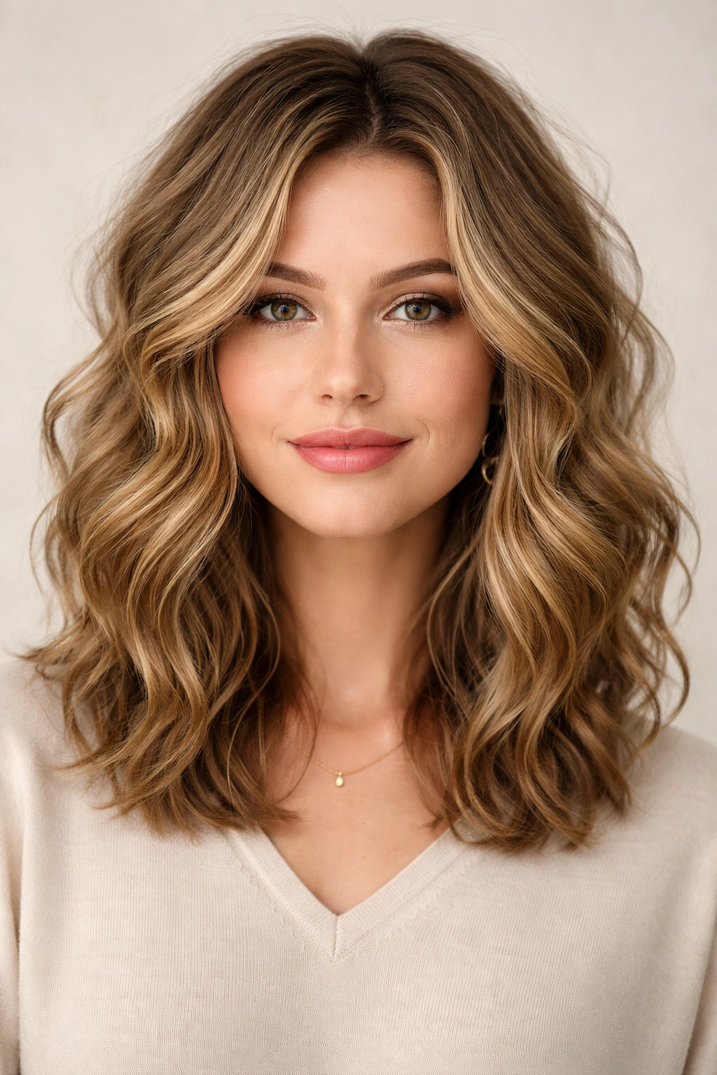 Shoulder-length textured perm with soft, wide waves.