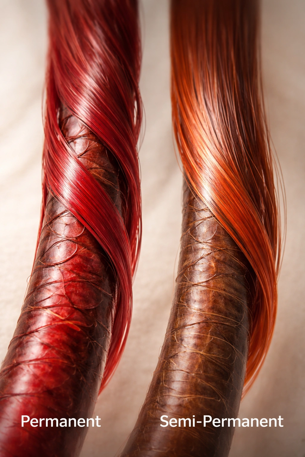 Two hair strands illustrating deep dye penetration vs surface coating