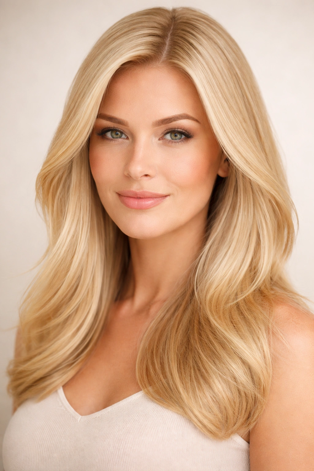 Portrait of a person with uniform blonde hair covering grey against a neutral background.