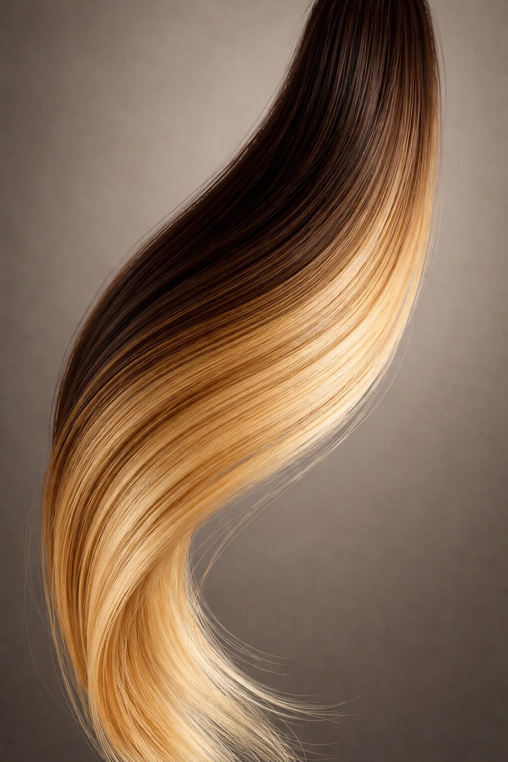 Hair strand transitioning from dark brunette to blonde