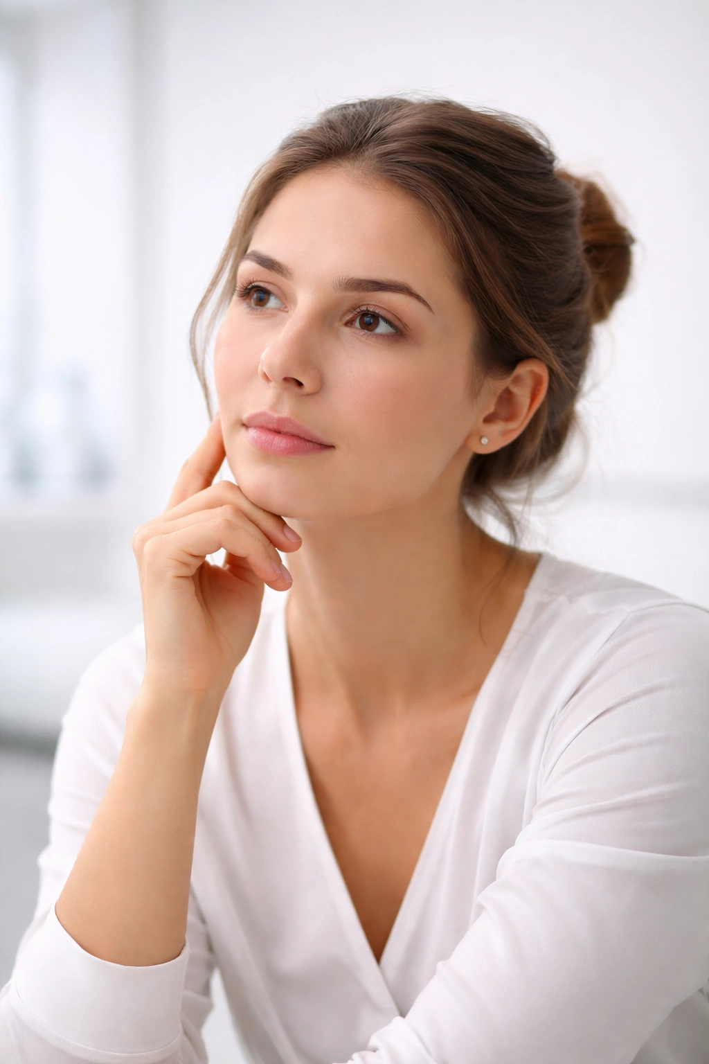 Person contemplating permanent hair removal options in a clinical setting (head-and-shoulders).
