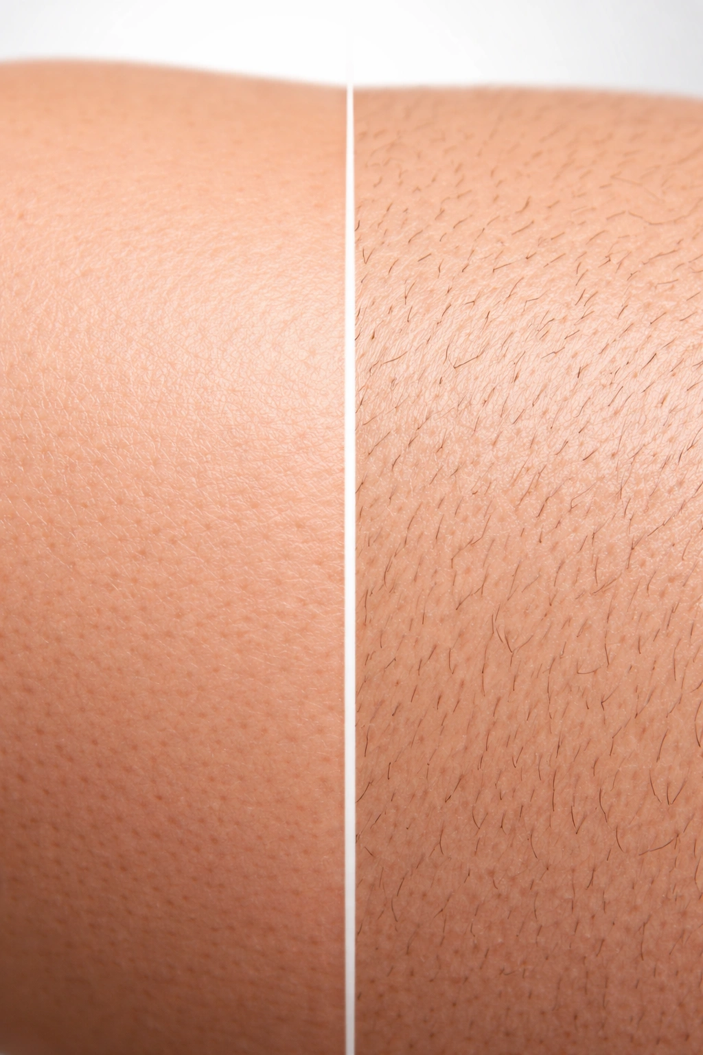 Close-up of skin with hair-free area and subtle regrowth illustrating laser hair reduction permanence