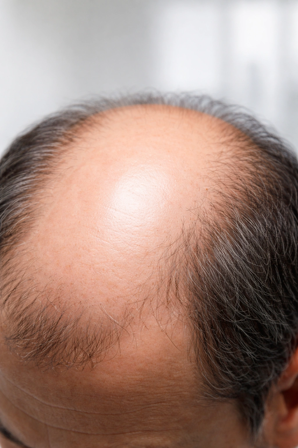 Bald patch on scalp with smooth skin showing permanent damage