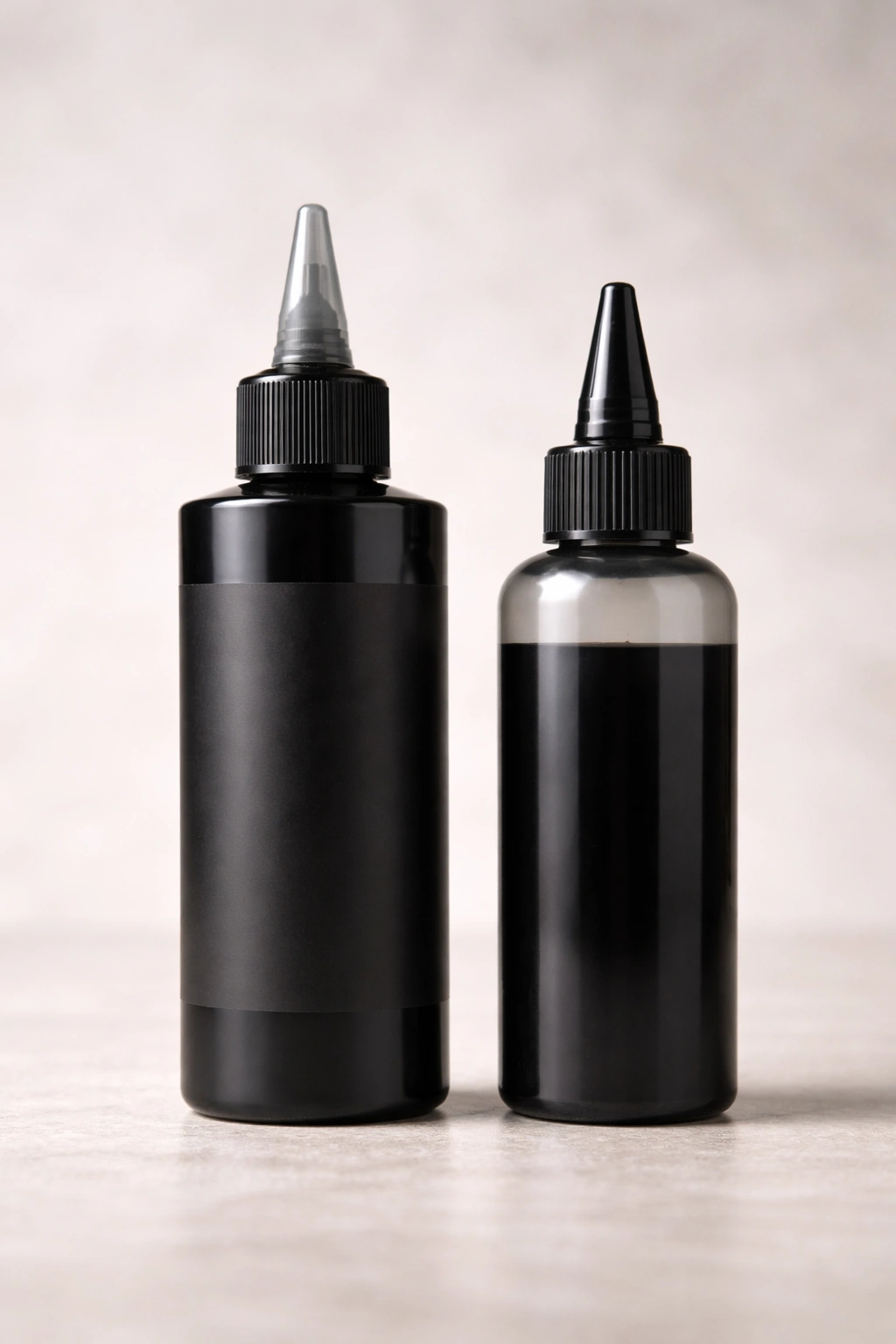 Two hair dye bottles, permanent and semi-permanent, on neutral background