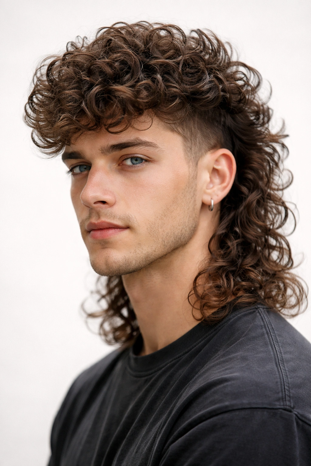 Portrait of a person with permed mullet showing voluminous curly texture