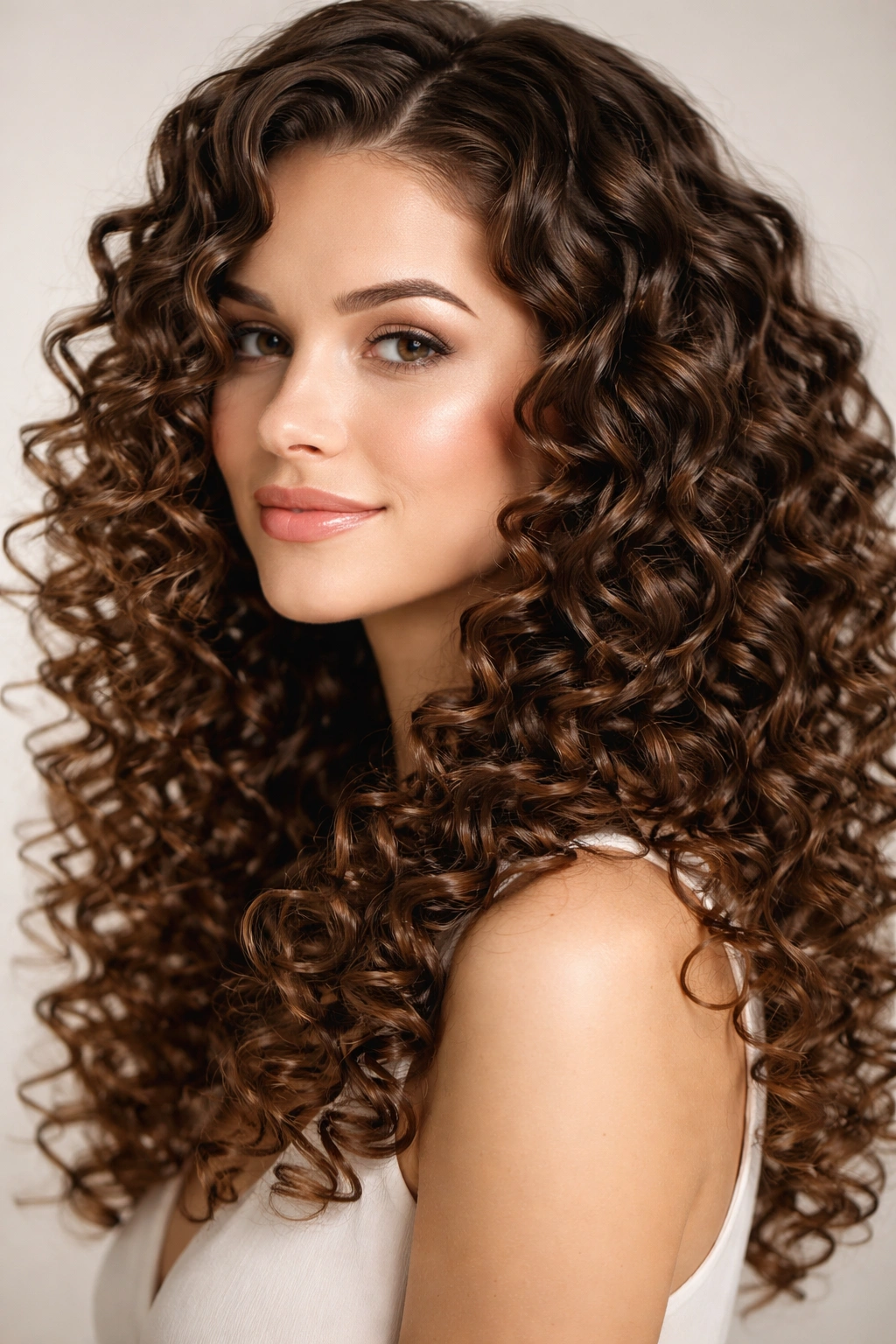 Close-up of defined perm curls on healthy virgin hair under studio lighting