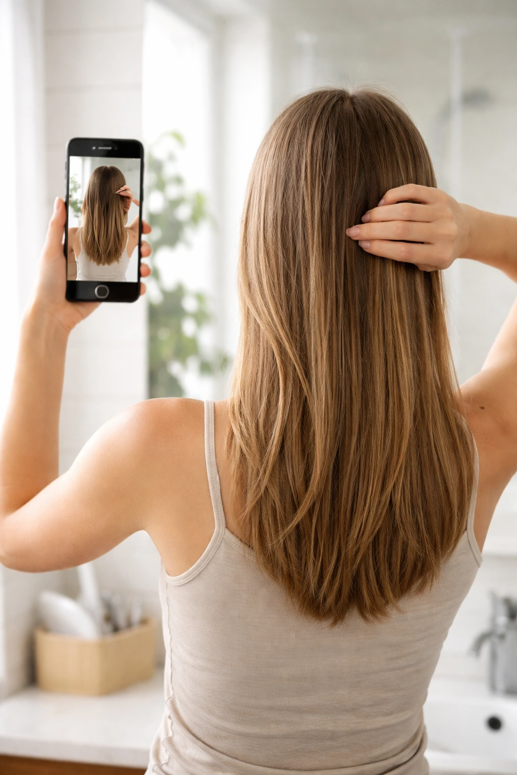 Person photographing their hair in a mirror to track growth