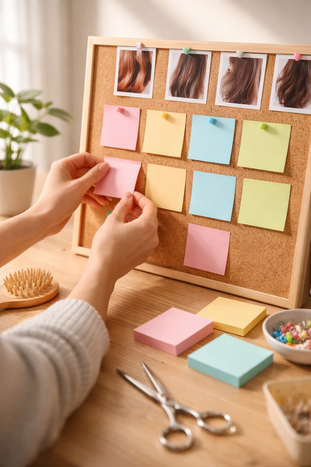 Person planning a hair trim schedule with blank cards on a corkboard